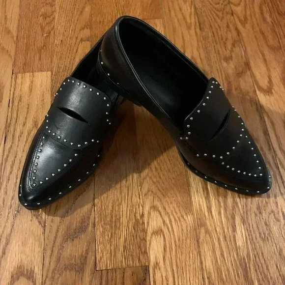 Rebecca Minkoff Petra Black Pointed Toe Studded Leather Loafers Size 6.5 - Picture 2 of 6